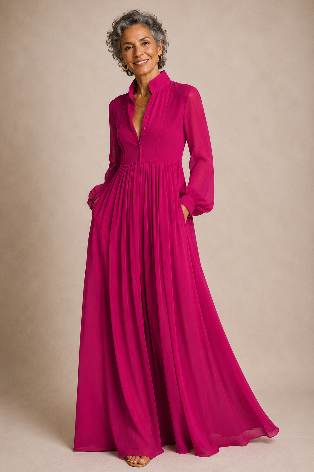 fuchsia maxi dress with sleeves Fuchsia A-line Midi Dress Sweetheart Neckline