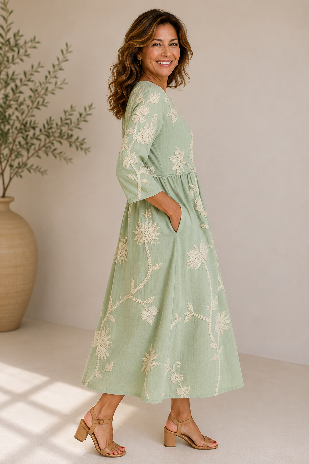 sage green midi dress with sleeves Short Sleeve Round Neck Tiered Ruffled Chic floral textured fabric Miaspire Elegant Sage Green Summer